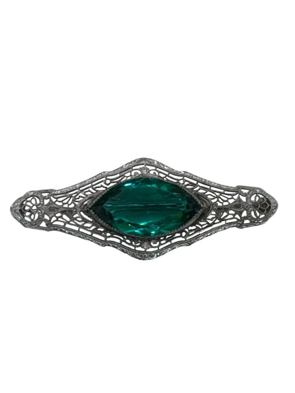Antique 14k White Gold Filigree Brooch Emerald Green Glass Stone Art Deco 2.5"